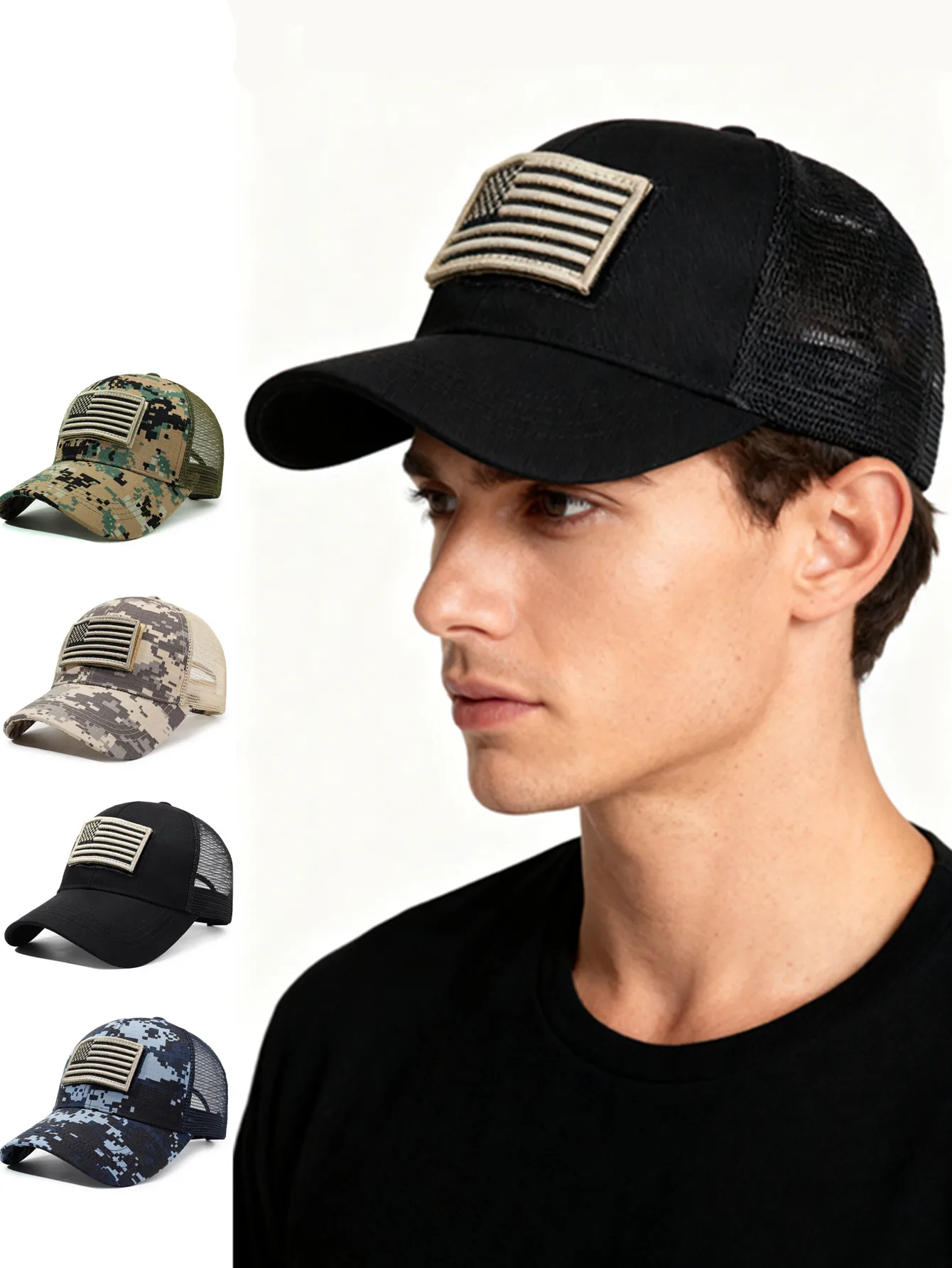 Outdoor-Trucker-Kappe für Herren mit gesticktem Flaggen-Tarnpflaster und Klettverschluss