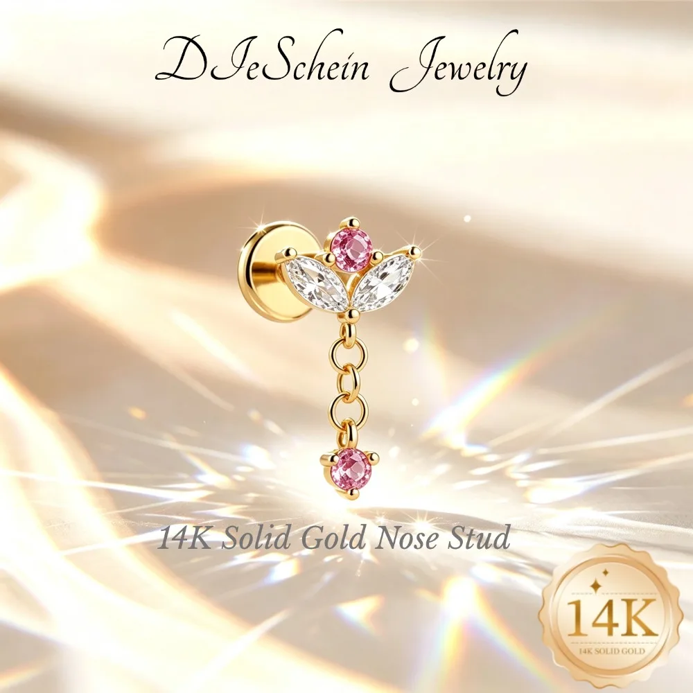 DIeSchein 14K Solid Gold Piercing Earring Flat Back Stud Earrings for Women Helix Tragus Daith Piercing Hypoallergenic Jewelry