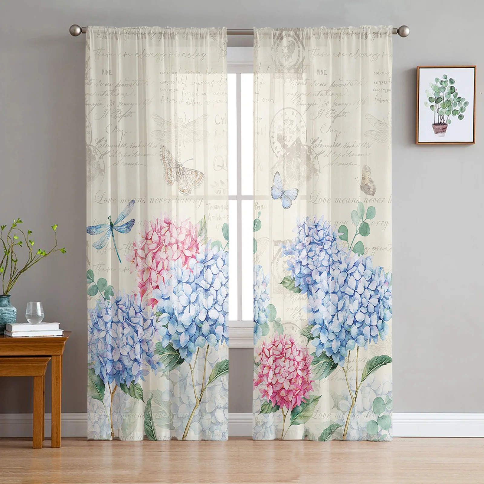 

Spring Hydrangea Flower Dragonfly Vintage Sheer Voile Window Curtains Tulle Curtains Living Room Balcony Decoration Drapes