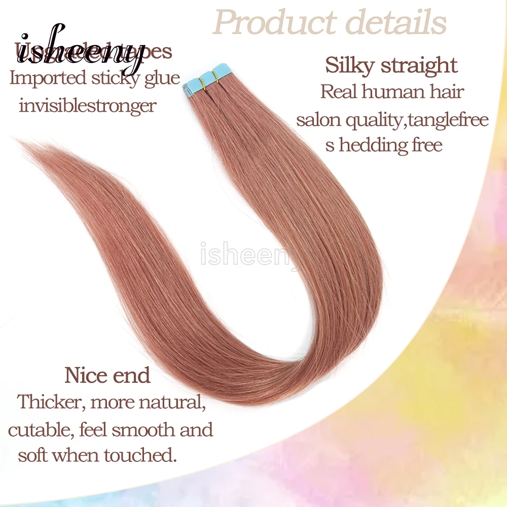 Isheeny ruban rose Pastel dans les Extensions de cheveux humains 10 pièces/pck Mini bande cheveux sur colle 12 16 20 pouces pièces de cheveux de couleur fantaisie