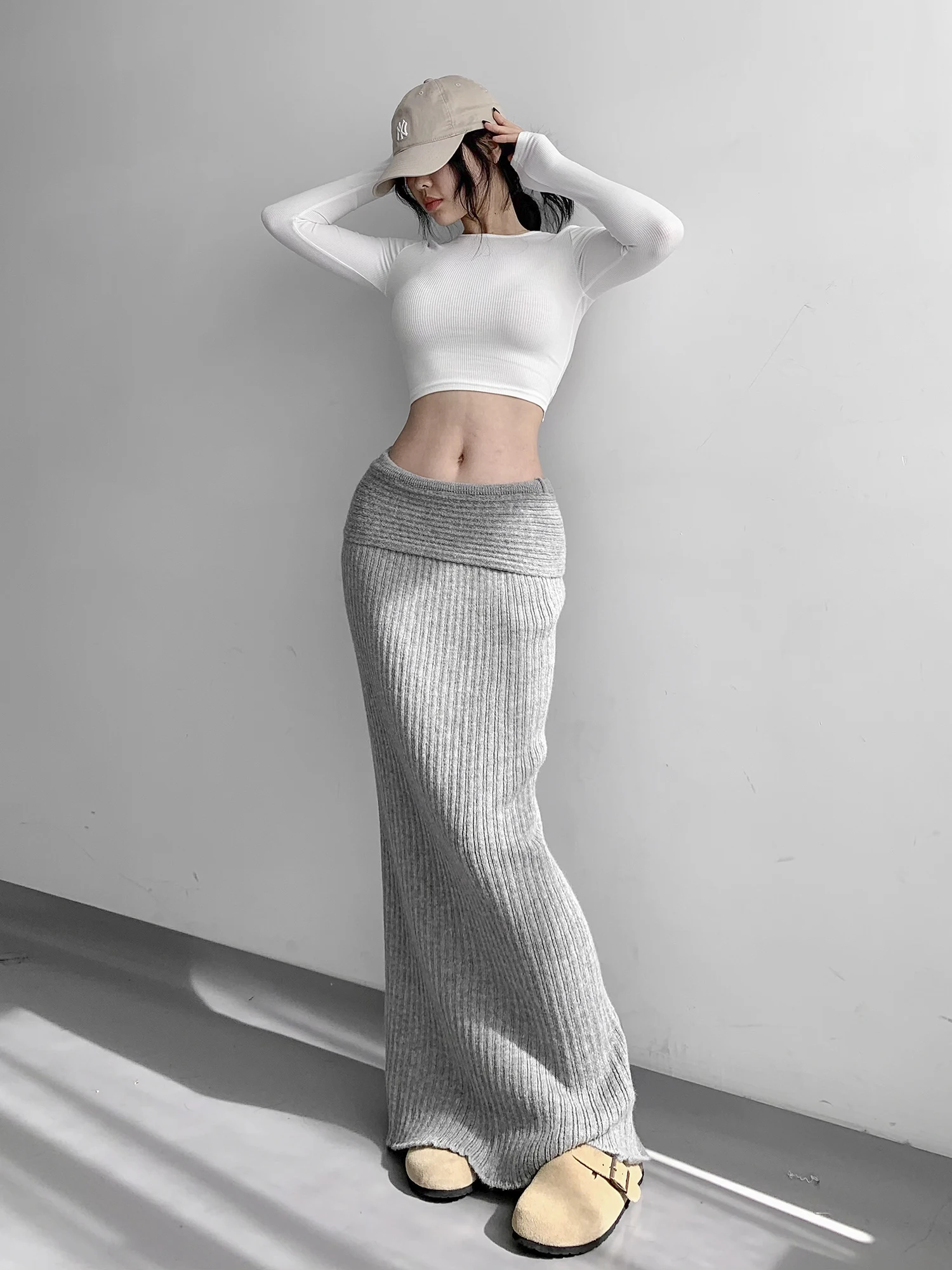 

Серые вязаные юбки для женщин, модная уличная одежда, винтажные юбки, однотонные свободные юбки миди с высокой талией, новинка 202, осенне-зимние юбки