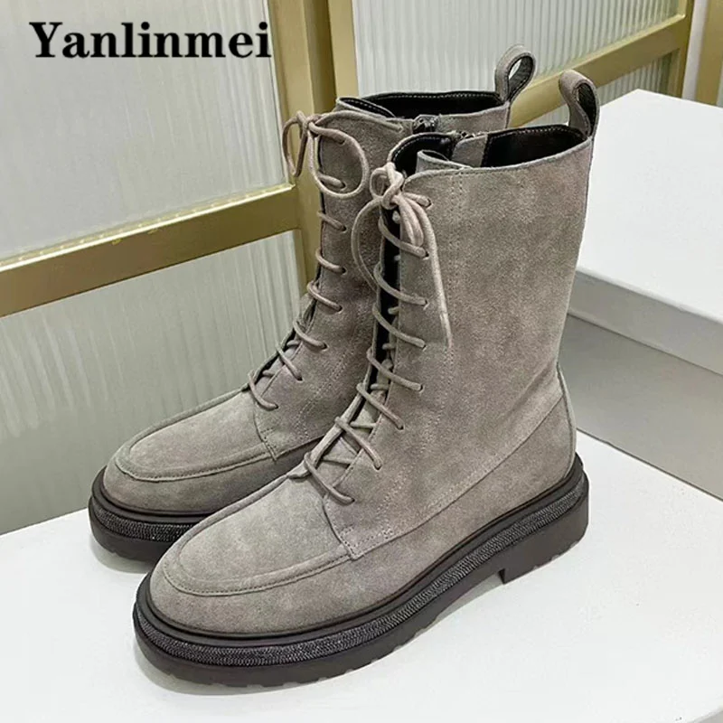 

Luxury Cow Suede Motorcycle Boots Woman Round Toe Lace Up Knight Boots String Bead Flat Shoes Woman Comfort Short Boots Women