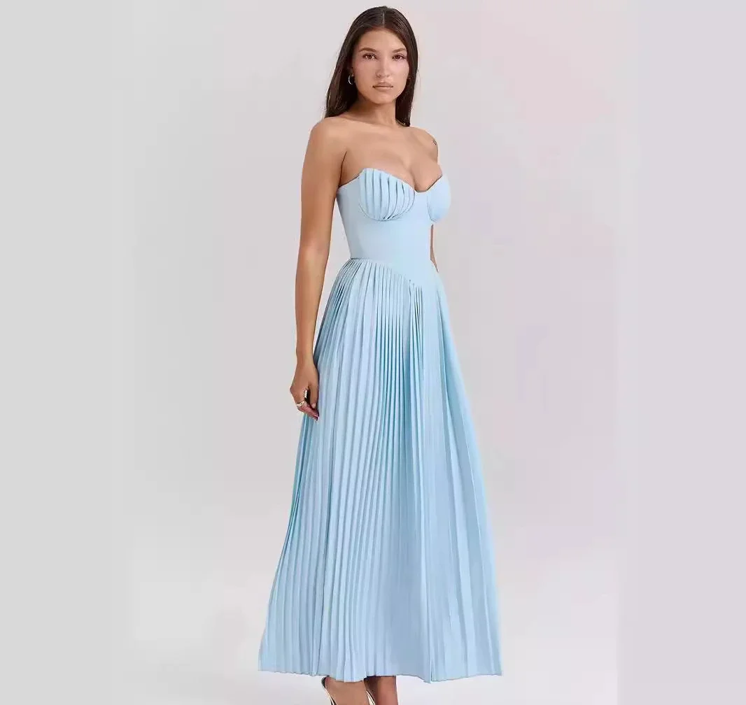 Zomer sexy jurk strapless stapel elegant zoet visgraat blauw geplooid a-lijn bodycon jurken mouwloos rugloos slank heet meisje