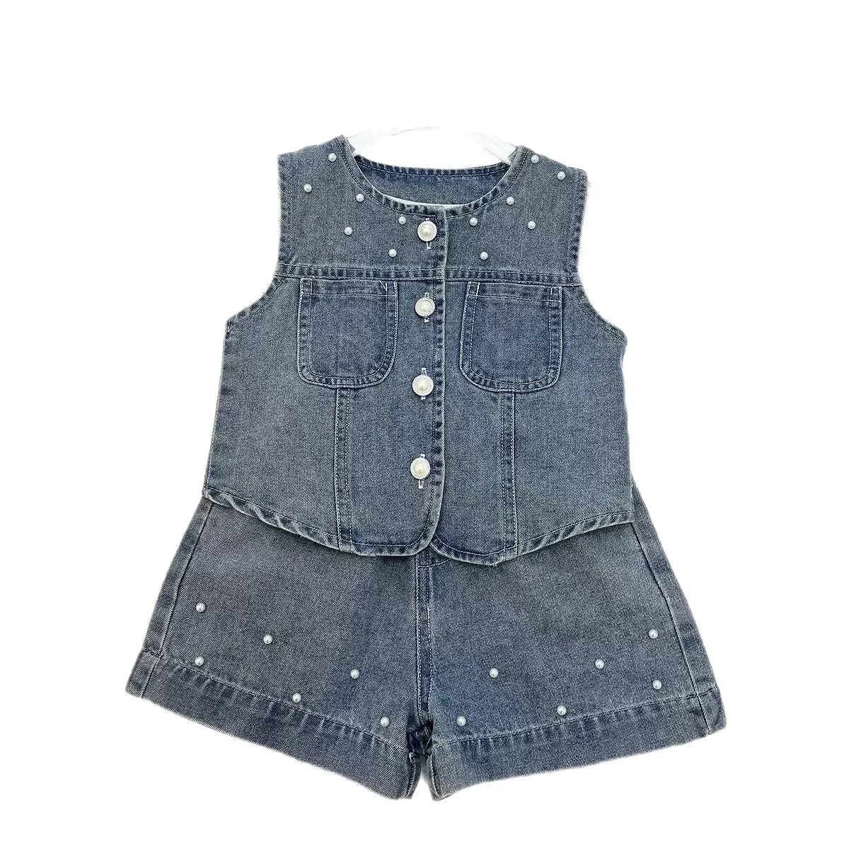 2026 Summer1-12Y  Girls Denim Set, Vintage Beaded Vest & Shorts, Casual 2PCS Outfit for Kids for  90-150cm