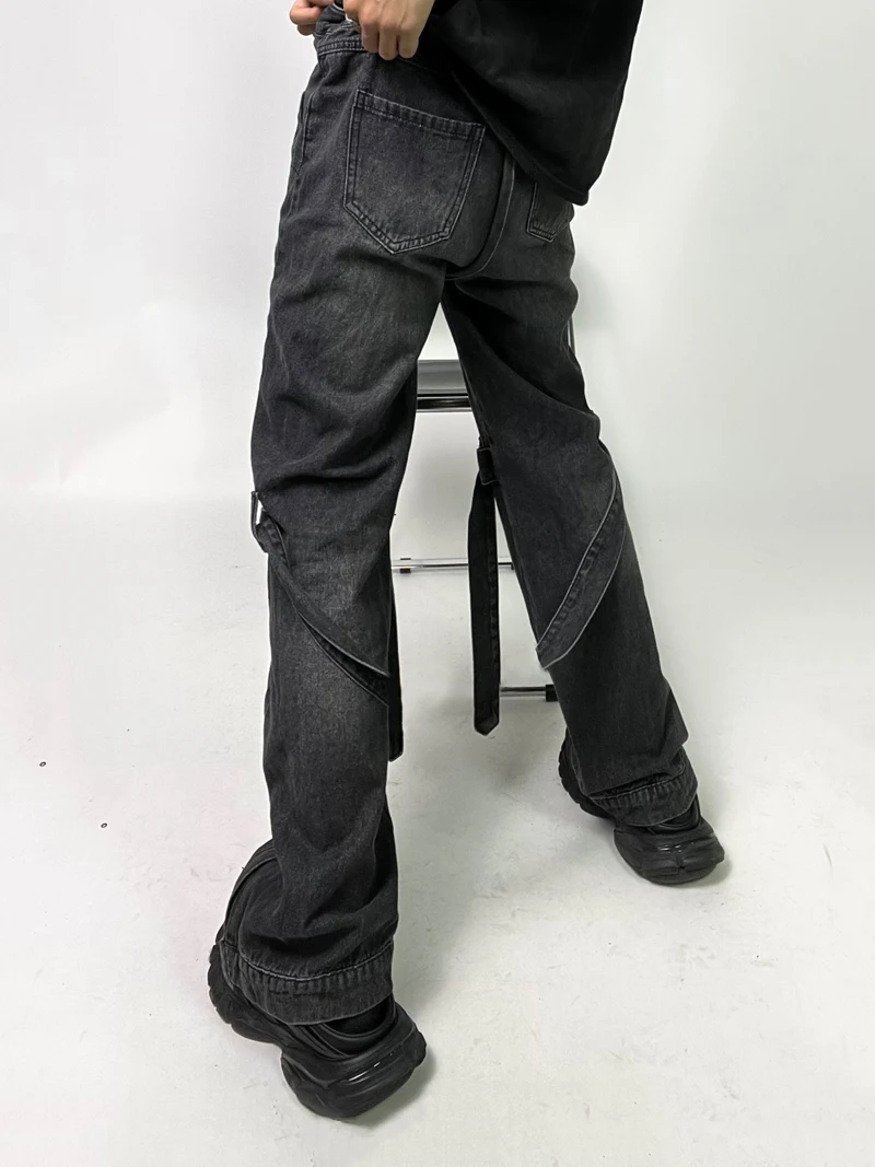 Reddaschic-pantalones de moda Acubi para mujer, Jeans holgados negros con abertura de cremallera, 2 tiras, Cyberpunk Y2k, pantalones góticos Grunge