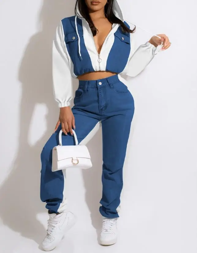 

Colored Denim Patch Open Navel Hooded Top and Cuffed Pants Set 2023 New Hot Selling Fashion Women's Button Pocket Zipper