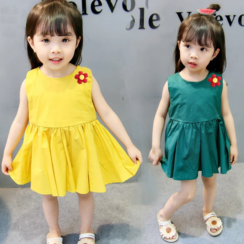 Summer Girl Dress Children Kids Fashion Casual Cute Fresh Printing Breathable Thin Solid Color Flower Tank Dress