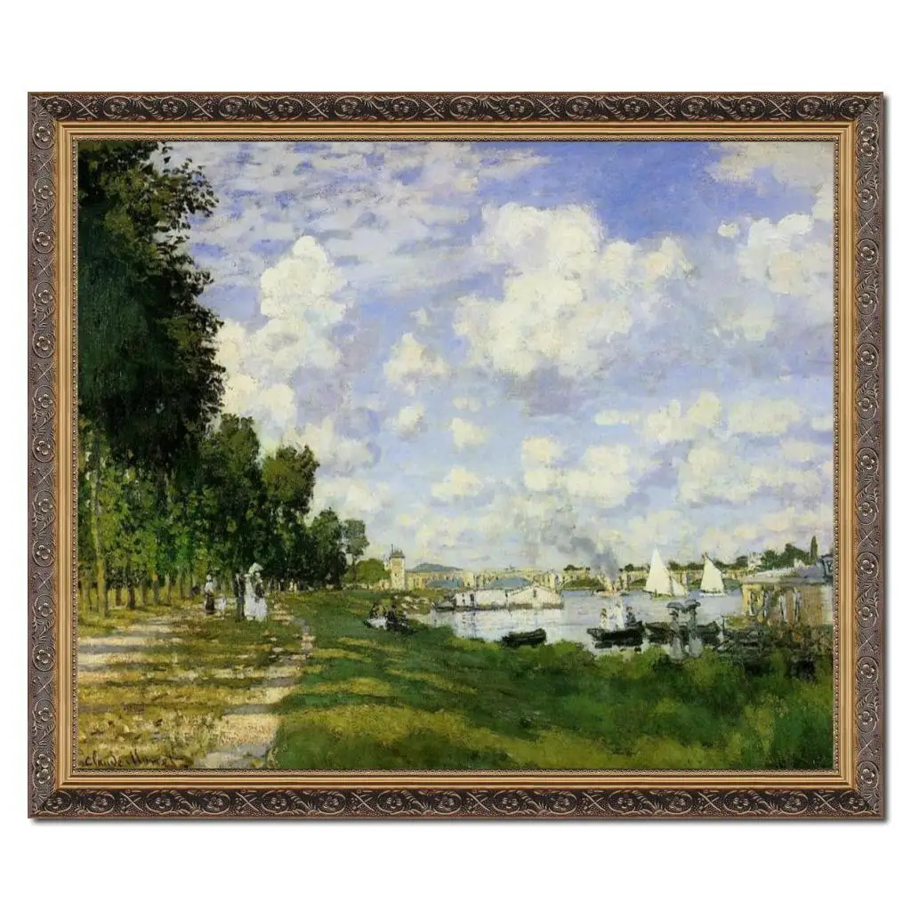 

Impressionist Landscape Canvas Art Claude Monet Oil Painting Argenteuil Scene Handmade Wooden Frame Artwork Living Room Decor