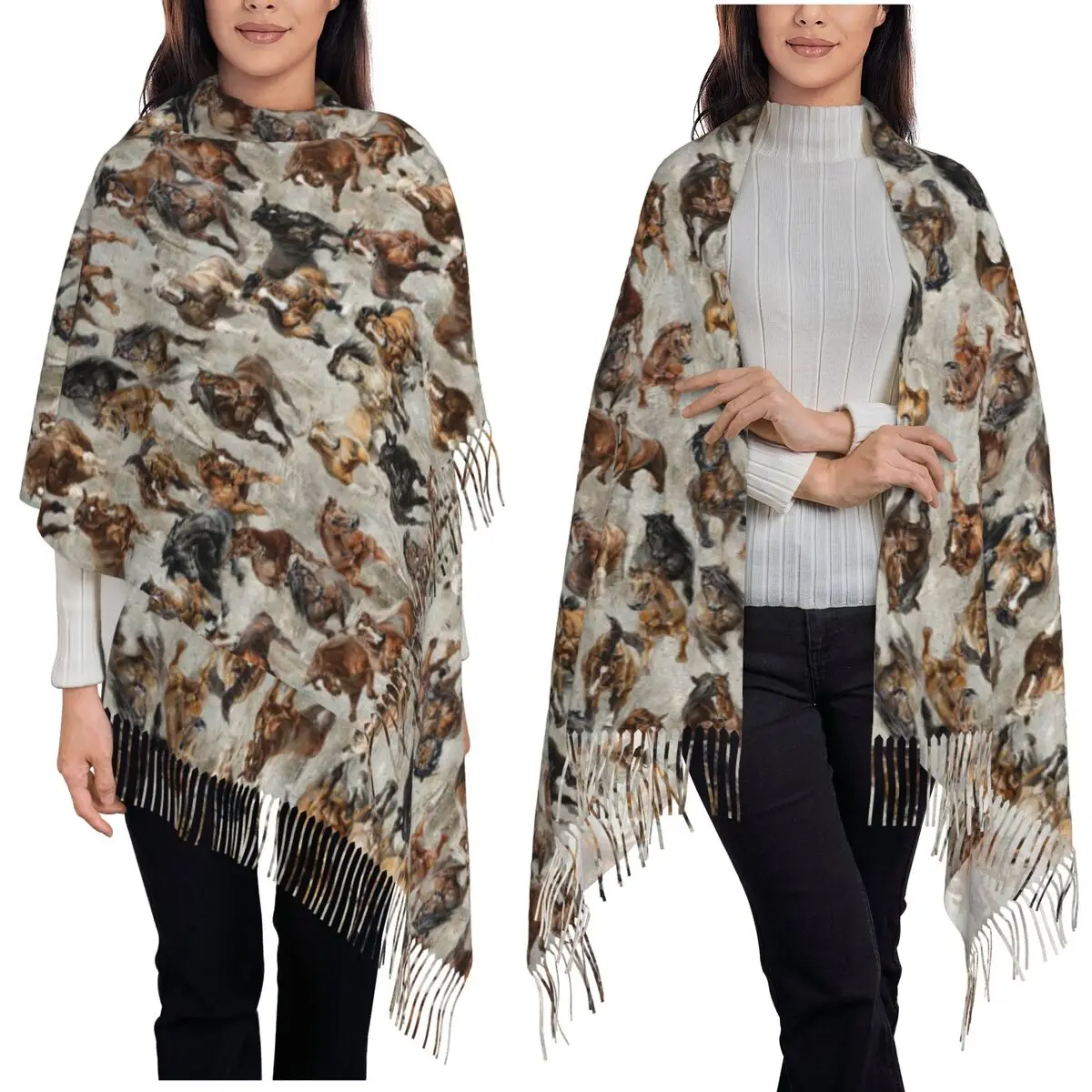 

Horse Pattern Scarf Tassel Scarves Women Soft Warm Shawls and Wraps Long Fall Winter Shawl Wrap