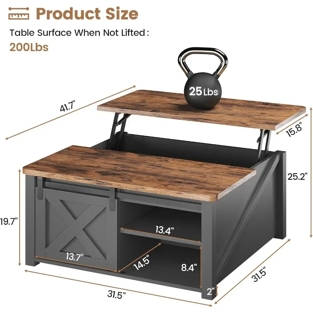 31.5" Lift Top Coffee Table with Storage, Square Coffee Table  with Large Hidden Storage Compartment and Adjustable Shelves