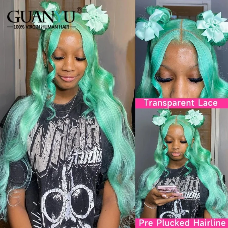 

Mint Green Human Hair Lace Frontal Wig Body Wave Ombre Colored Lace Front Wigs for Women Vietnamese Remy Hair Lace Closure Wigs