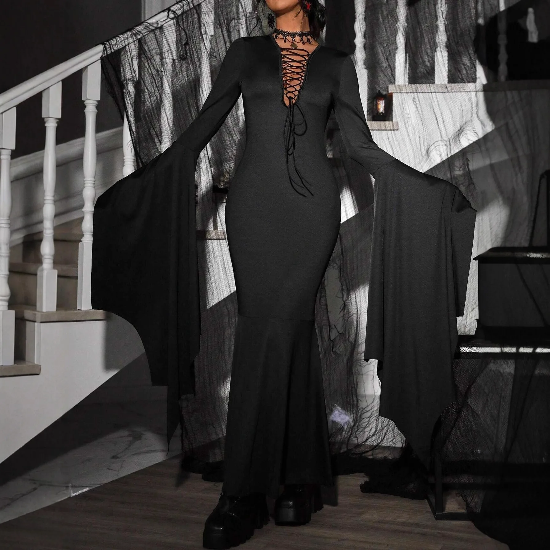 Moda feminina halloween vampiro traje recorte laço bodycon vestido de festa mangas trompete vestido de chão gótico roupas cosplay