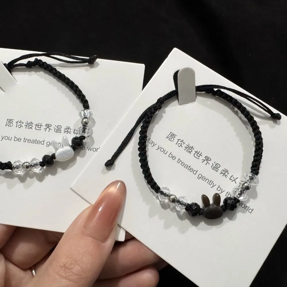 

Fashion Minimalist Design Couple Bracelet Cute Black White Rabbit Woven Bracelet Moonstone Obsidian Beaded Cat Bracelet Unisex