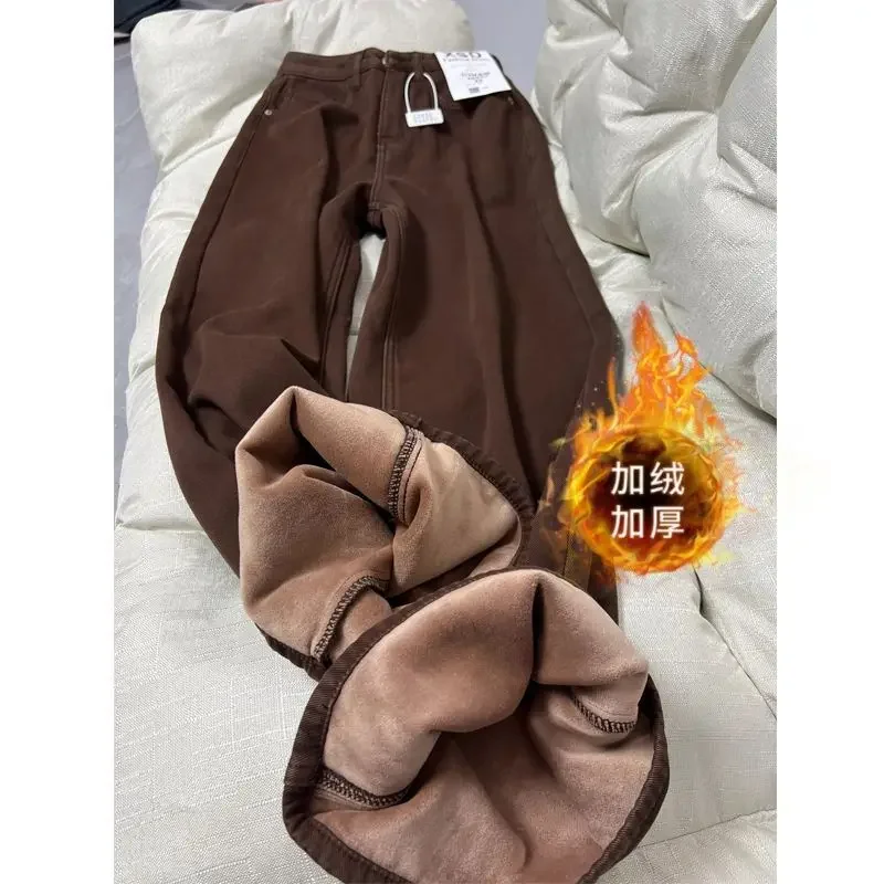 

Brown High Waist Wide Jeans Female Autumn Winter High Slimming Velvet Lined Casual Simple Floor Length Wide Leg Pants