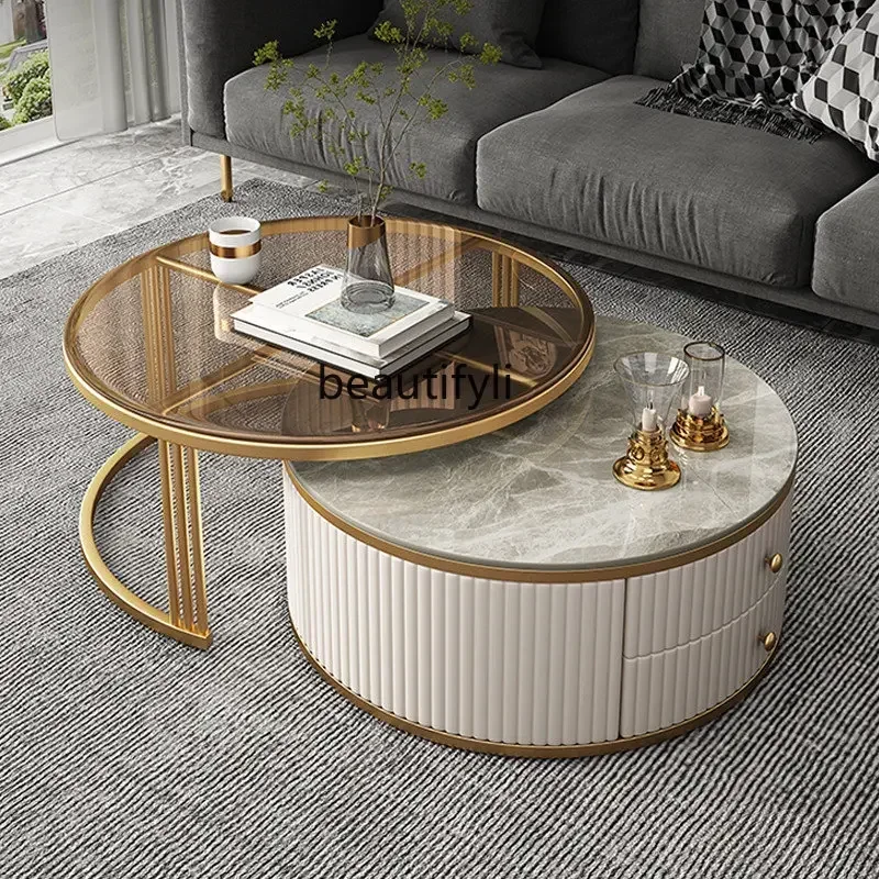 

Light Luxury Stone Plate round Tea Table Small Apartment Modern Living Room Glass Coffee Table Living Room Home