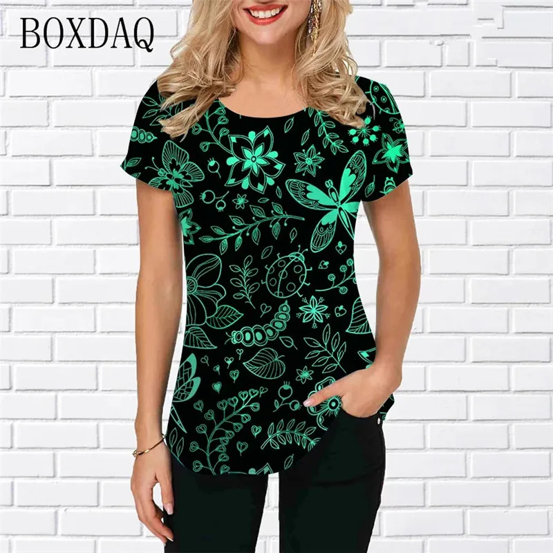 

Plant&Flowers And Butterfly Graphic Women Fashion T-Shirts Short Sleeve 3d Printed Street Trend Ladies Tees O-Neck Casual Tops