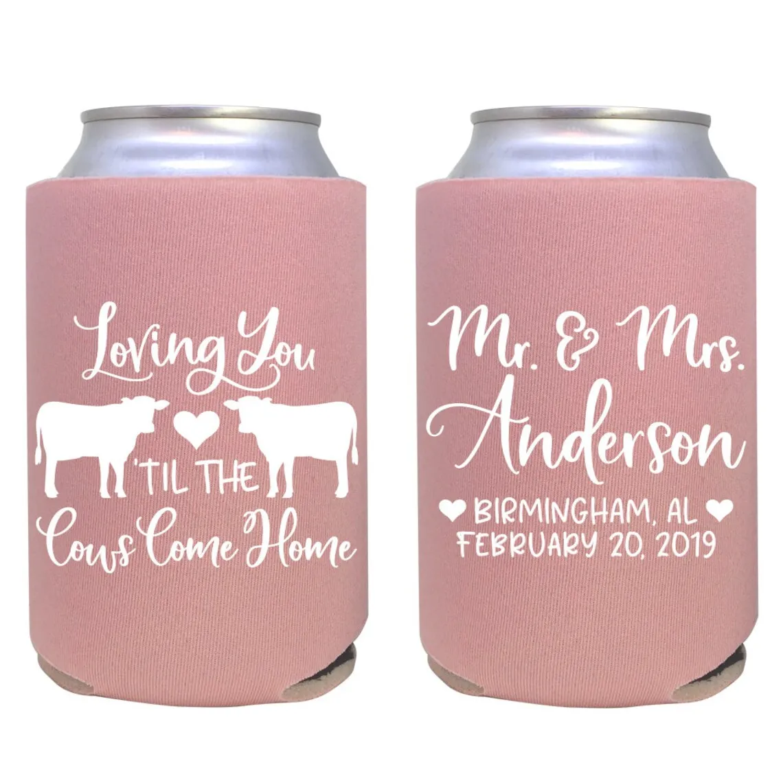 personalized can cooler / farmhouse wedding favor / wedding can cooler / custom wedding favors / loving you til the cows come ho