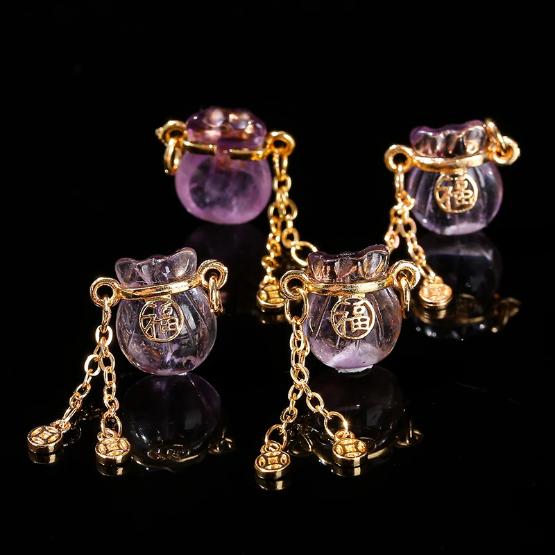1 Pc Natural Amethyst Lucky Bag Chinese Fu Character Copper Buckle Pendant For Jewelry Making Diy Necklace Bracelet Accessroy
