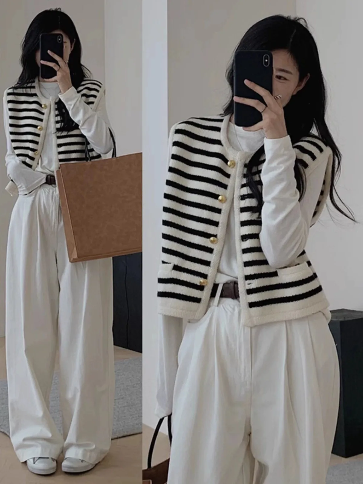 

plus Size Women's Faion Tee-Piece Set Striped Knitted Vest Jaet Wide Leg Pants Spring Clothing Ensemble Retro Sle