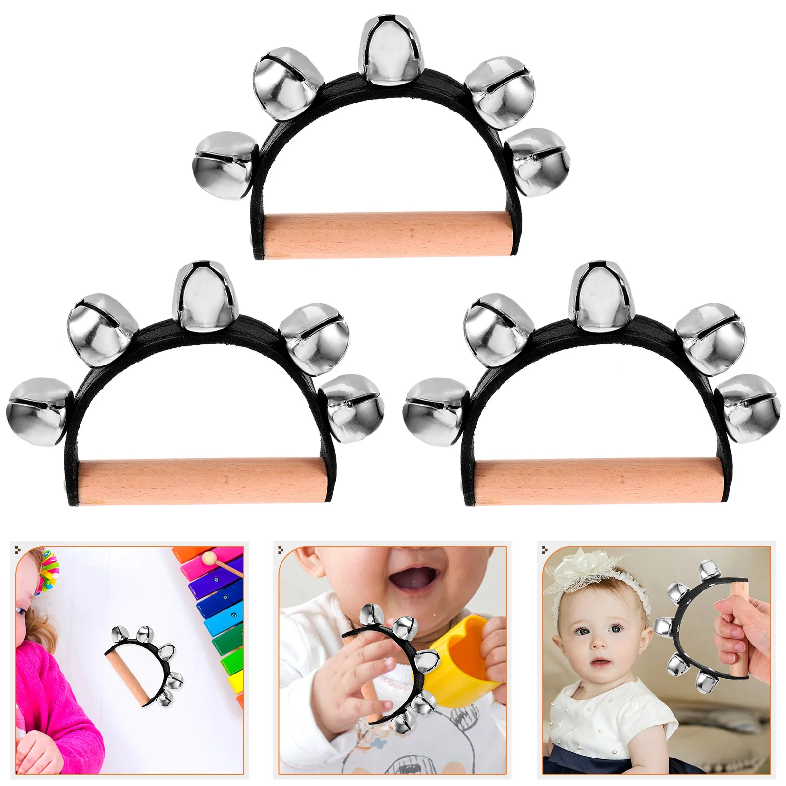 

3Pcs Hand Bells Portable Rhythm Musical Instrument for 's Music Education Party Performance Stage Wooden Handle Bells