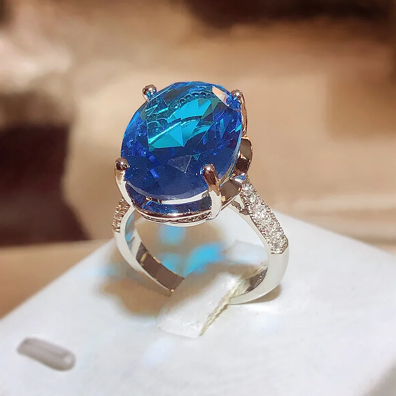 Classic Blue Geometric Oval Banquet Party Non-fade Ring Light Luxury Opening Adjustable Ladies 925 Sterling Silver Jewelry