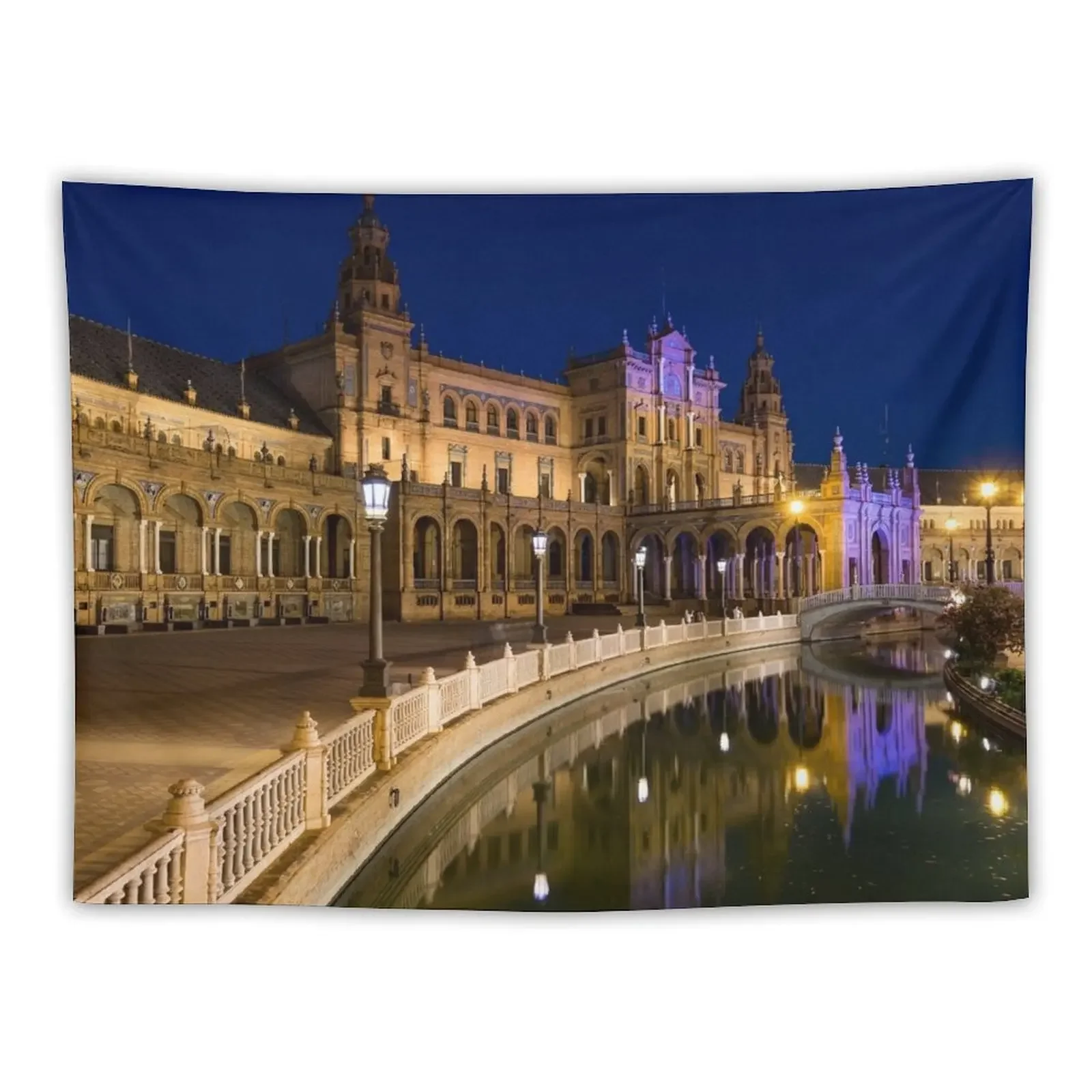 Andalusian Night Magic - the Magnificent Plaza de Espana in Seville Spain Tapestry Decorative Wall Wall Deco Tapestry