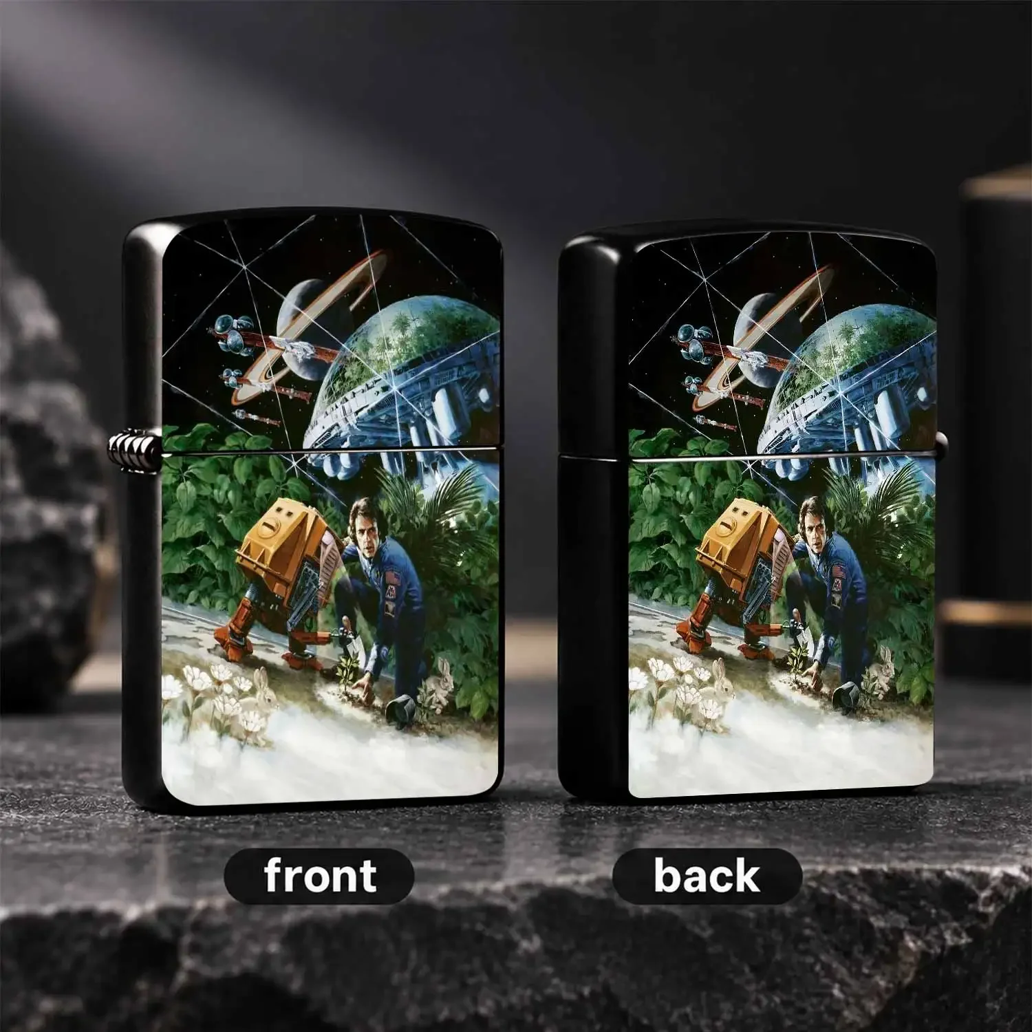 Retro Sci-Fi Themed Art Printed Lighter, Classic Space Illustration Of Deep Space Exploration Alien Planet Planting, Suitable For Daily Carrying, Outdoor Trips, Collection, Shows Unique Retro Futurism Aesthetic, Ideal Gift For Sci-Fi Enthus