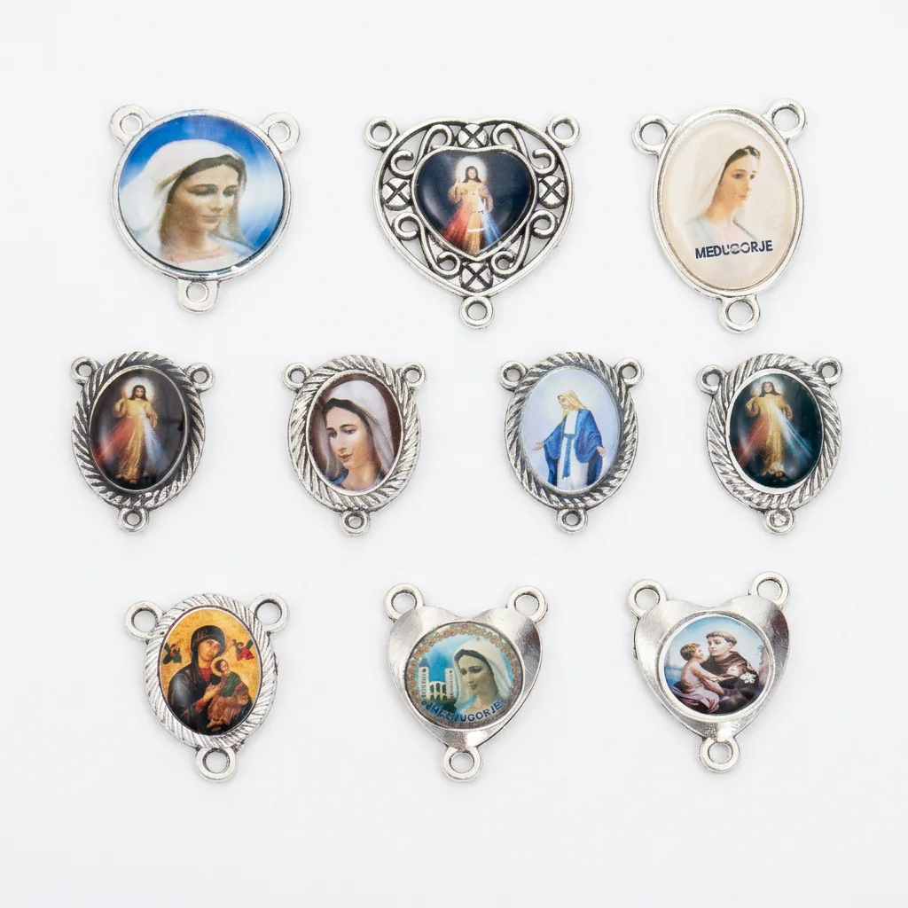 10Pcs 3-Hole Catholic Rosary Centerpiece Connectors Epoxy Virgin Mary Divine Mercy Medal Charms for DIY Jewelry