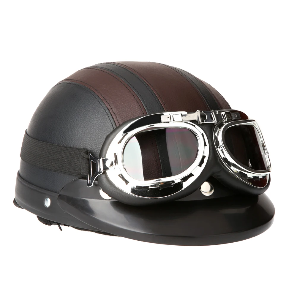 

Motorcycle Scooter Open Face Half Leather Helmet with Visor UV Goggles Vintage Style 54-60cm