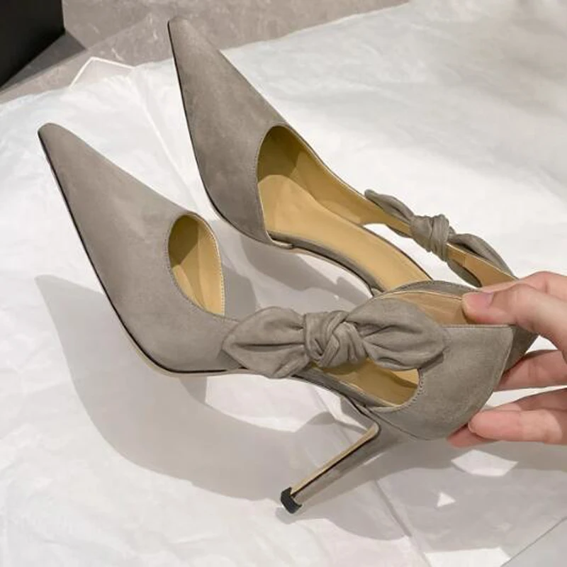 

Red black suede Side cutout with bowtie Pumps Women Pointed Toe 8/10 cm High Heels Shoes Slip-on Spring Autumn banquet shoes