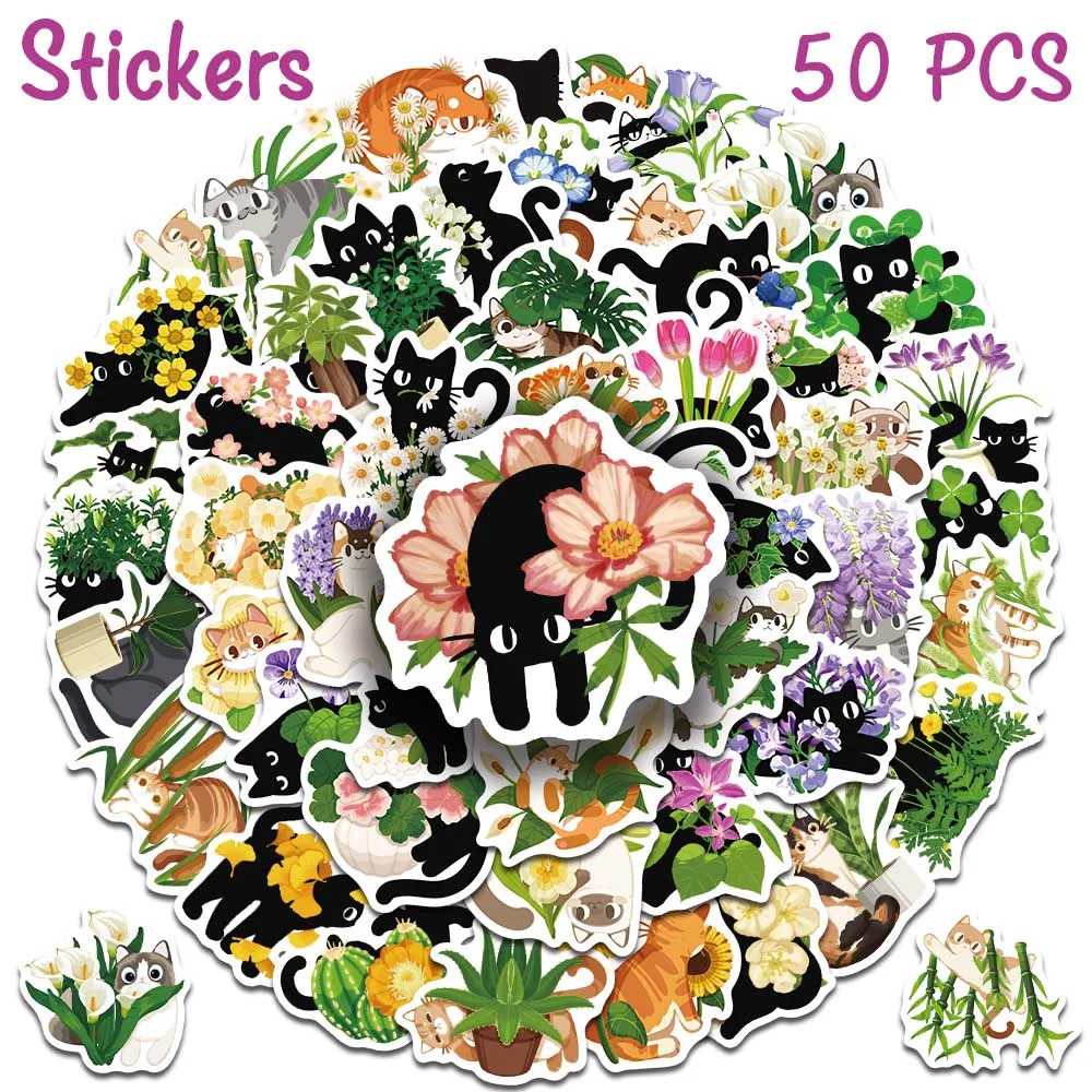 50pcs Cats & Plants Stickers Kawaii Aesthetic Floral Cat Decals For Planner Journal Laptop Phone DIY Stickers Cat Lovers Gifts