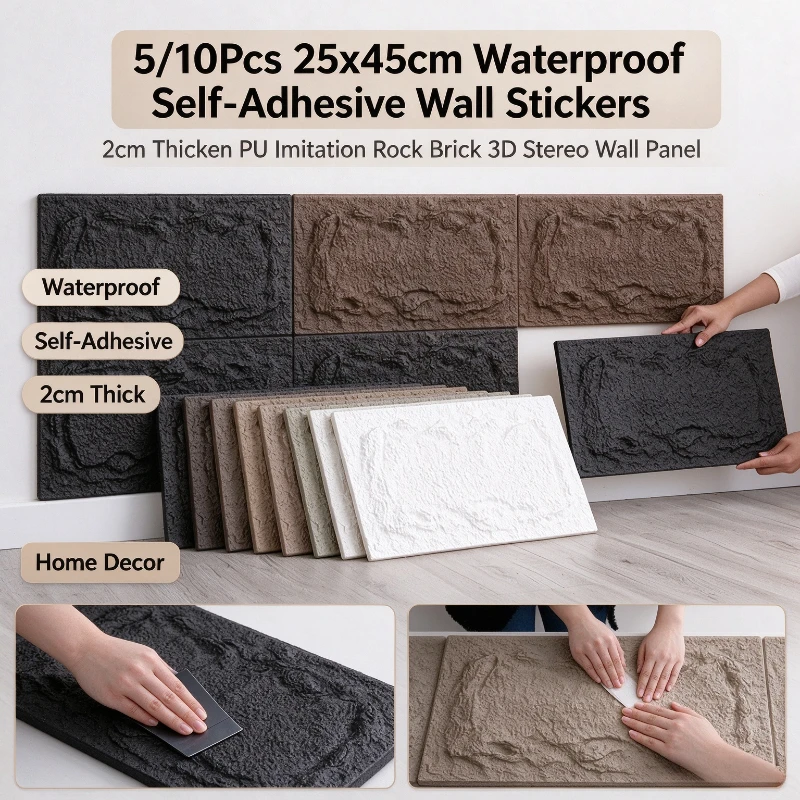Waterproof Self-Adhesive Wall Stickers 5/10Pcs Thicken Pu Imitation Rock Brick 3D Stereo Wall Panel Home Decor