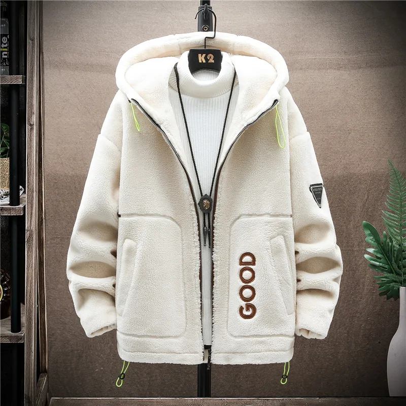 Men Lamb Wool Jacket Autumn Winter New Solid Color Thickened Windproof Warm Outdoor Travel Hooded Coat Men Loose padded Clothing