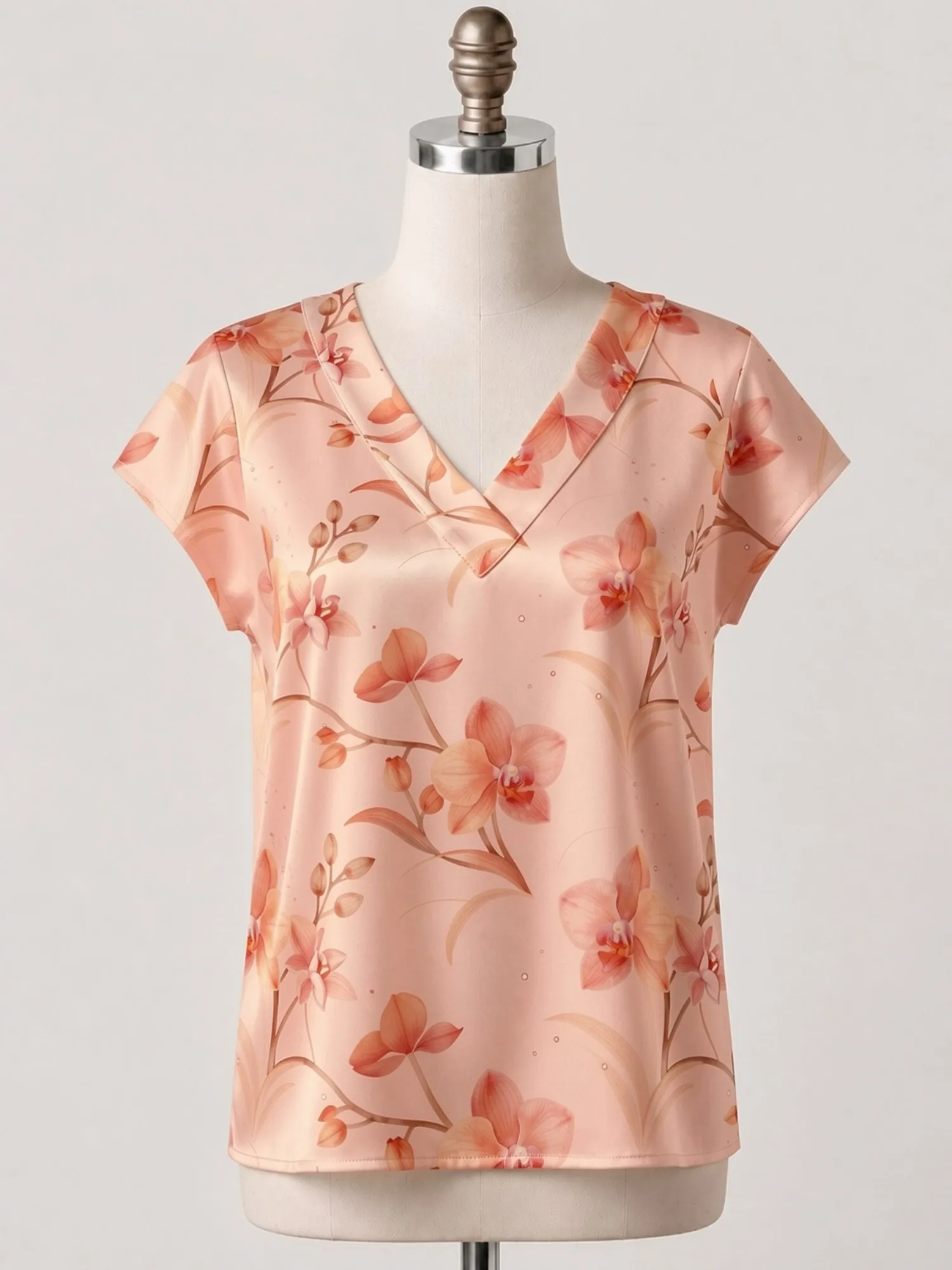 Floral Satin V Neck Top for Women Cap Sleeve Loose Draped Fit Silky Office Vacation Dinner Wear Lightweight Breathable Versatile