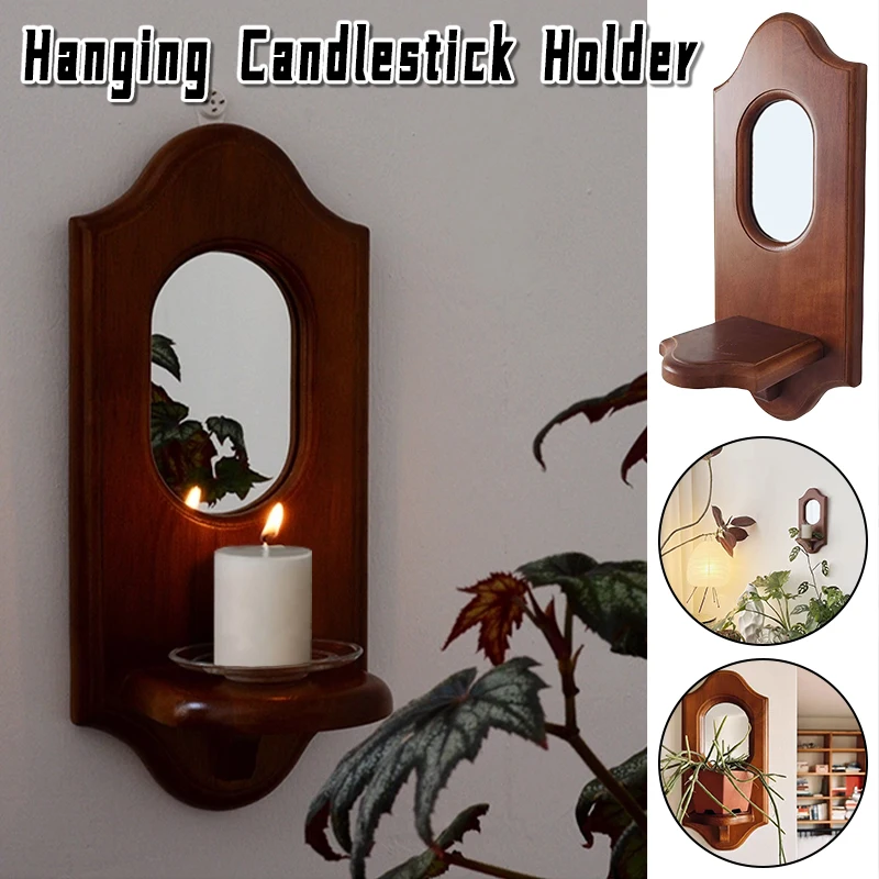 

Hanging Vintage Wall Mirror With Shelf Solid Wood Aromatherapy Candlestick Holder Decorative Wall Rack For Cafe New