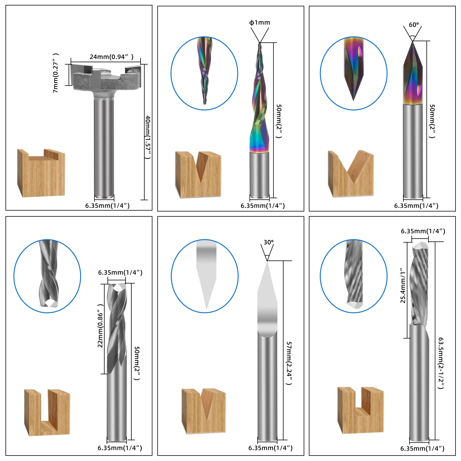 1/4" Shank CNC Router Bit Essential Kit Includes high Precision 1/4" ER11 High Precision Collet, V-bit, End Mills, Chamfering Bi
