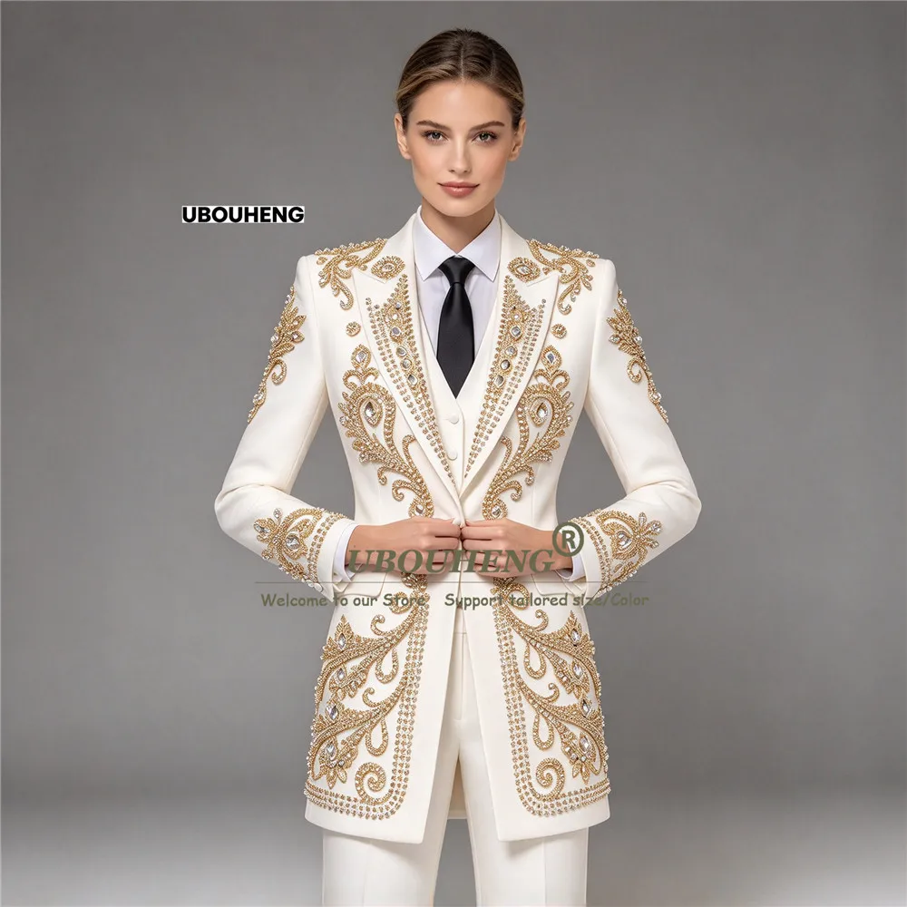 Luxury Bride's Mother Suit For Wedding Formal Wear Gold Stones Beaded Tuxedo Long Customized Lady Business Party Attire 3 Pieces