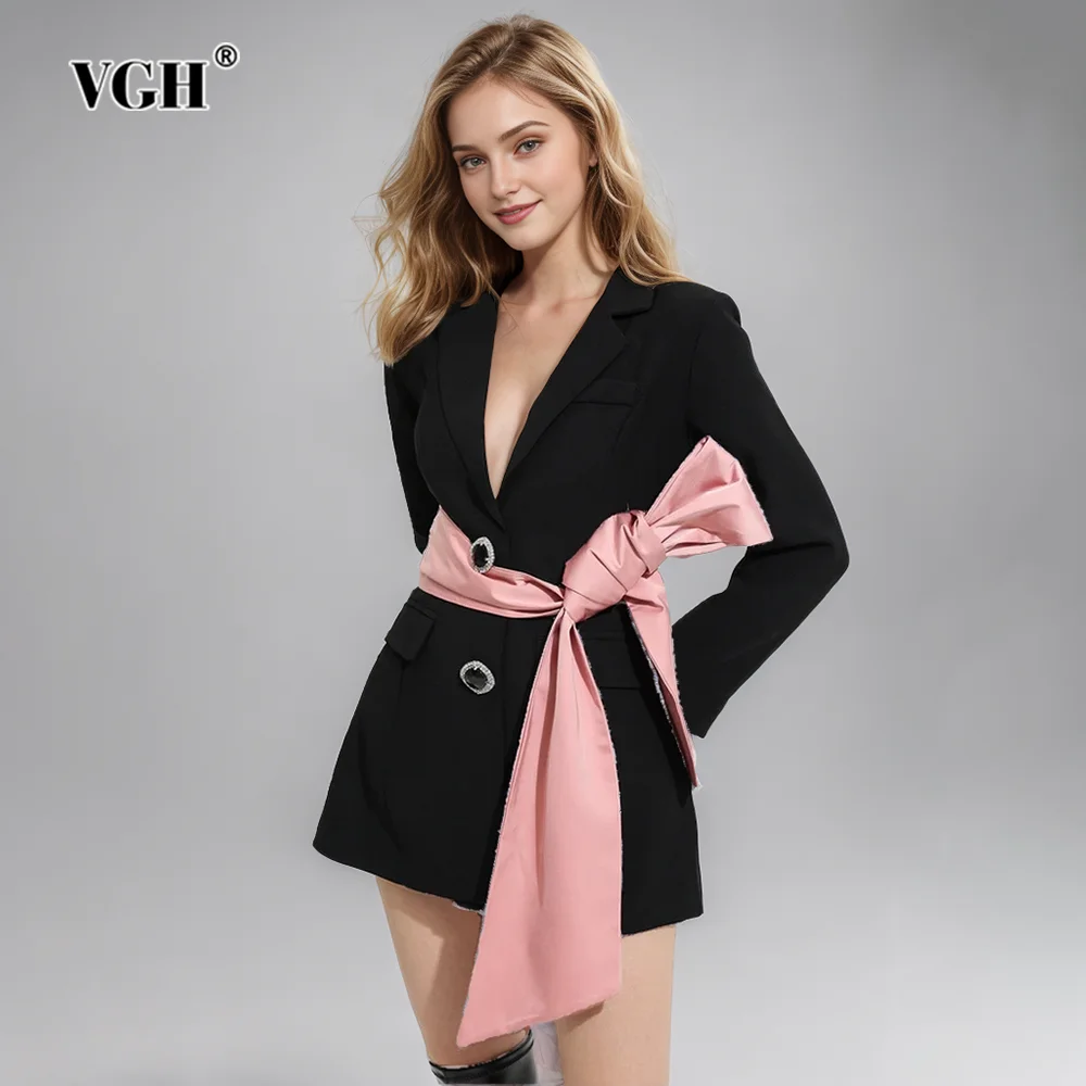 VGH Solid Patchwork Bowknot Blazers For Women Notched Collar Long Sleeve Backless Spliced Lace Up Temperament Blazer Female New