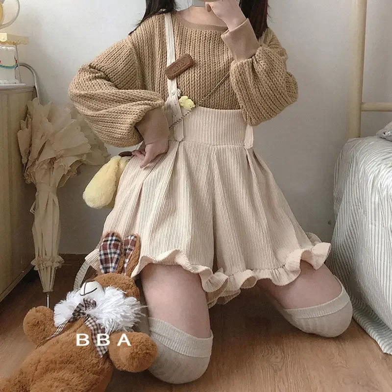 Cutecore Women Corduroy Ruffle Solid Shorts Japanese Kawaii Strap Shorts Casual Loose Cute Lolita Overalls Chores Para Mujer