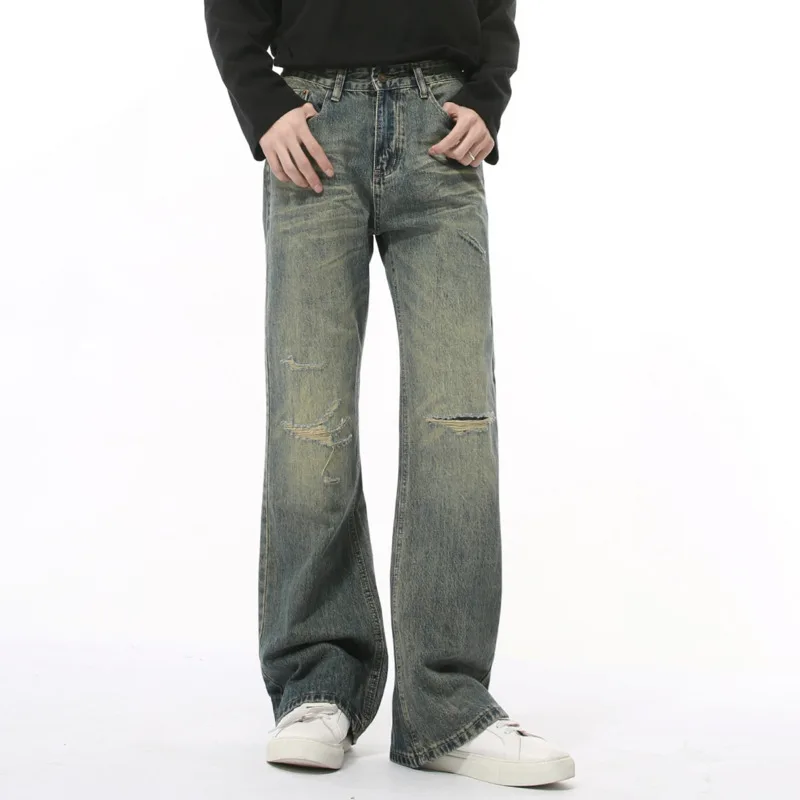 Men's Autumn New Product: High Street Piercing Pants, Loose Wide Legs, Washed and Used Straight Tube Micro Pull Pants S-XL