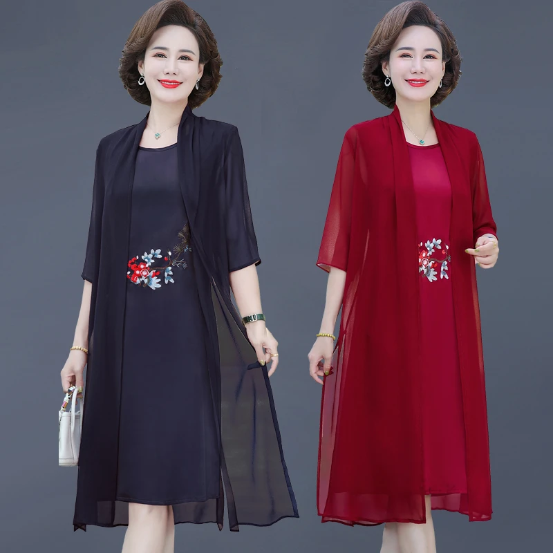 Summer chiffon embroidery 2 Piece Set Dress Cardigan Women XL- 5XL elegant Party Midi Dresses Elegant Vintage Robe Female