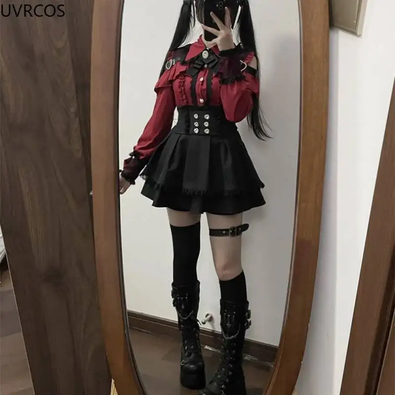 Ensemble jupe courte noire japonaise, Mini jupes gothiques à volants, Sexy en dentelle, épaules dénudées, chemise Lolita, costume esthétique Y2k, 2024