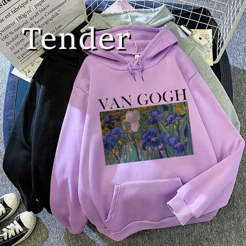 Van Gogh Hoodies Women Harajuku Fashion Sweatshirt Fleece Vintage Oversized Sweatshirt Female Purple Long Sleeve 2023