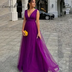 Elegant Simple Prom Dresses V Neck Tank A Line Party Gown Evening Dresses Purple Tulle Robes De Soirée Custom فستان سهرة