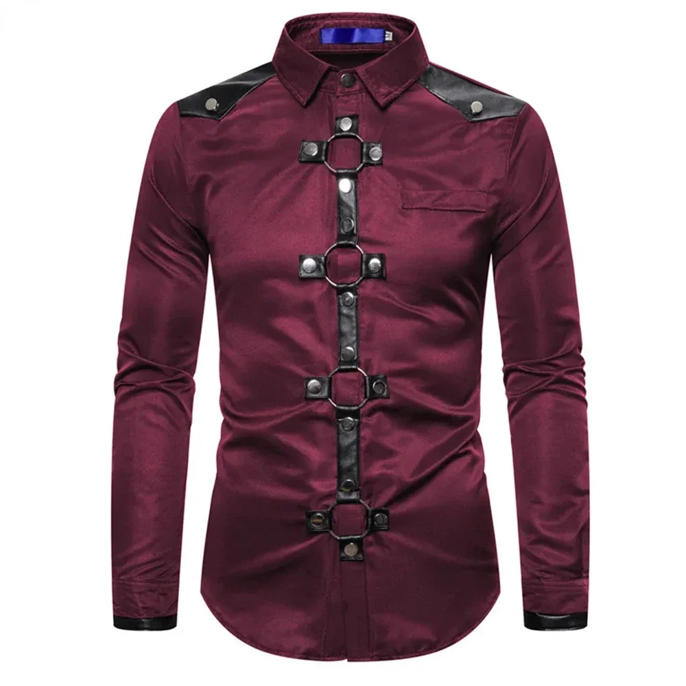 High Quality New Men Goth Style Rivet Solid Color Cargo Shirt Slim Fit Party Stage for Men Clothing