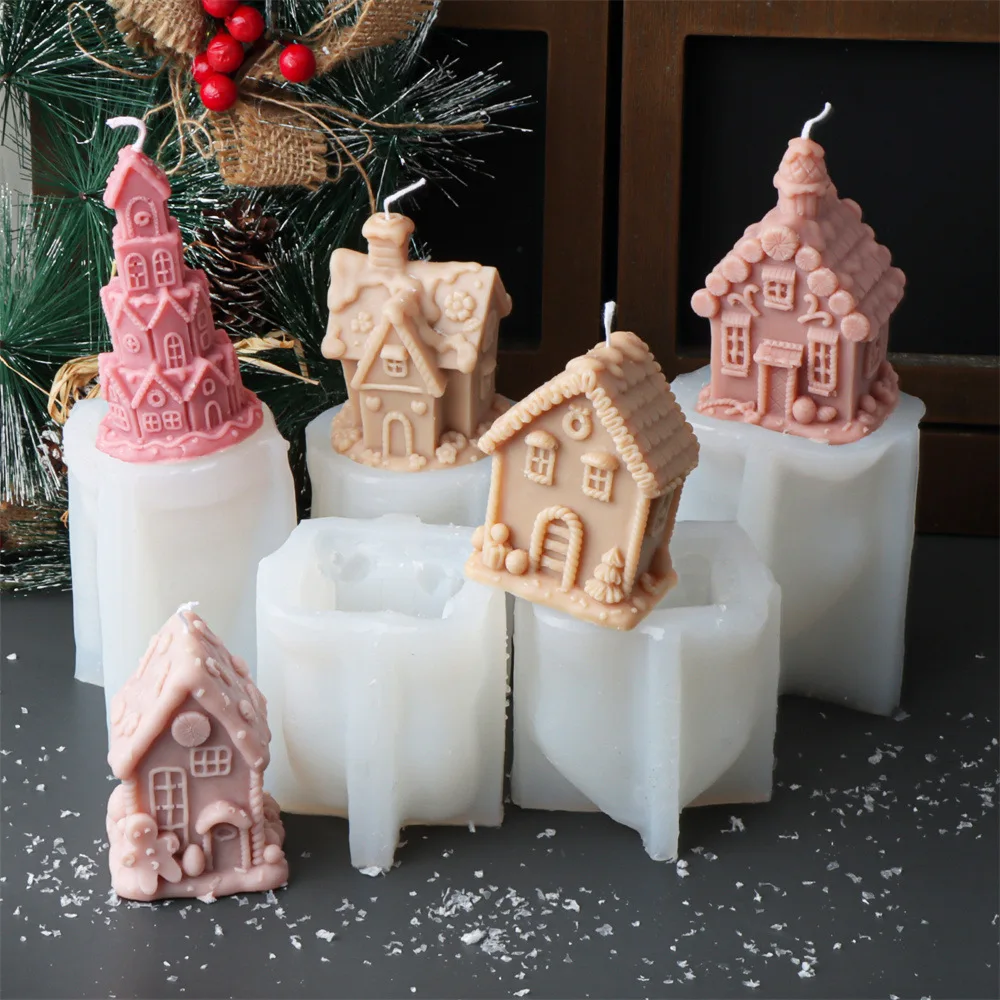 Kerst Kasteel Cottage Kaars Siliconen Mal Snoep Huis Geometrische Aromatherapie Kaars Gips Hars Mal Kerst Decor Cadeau