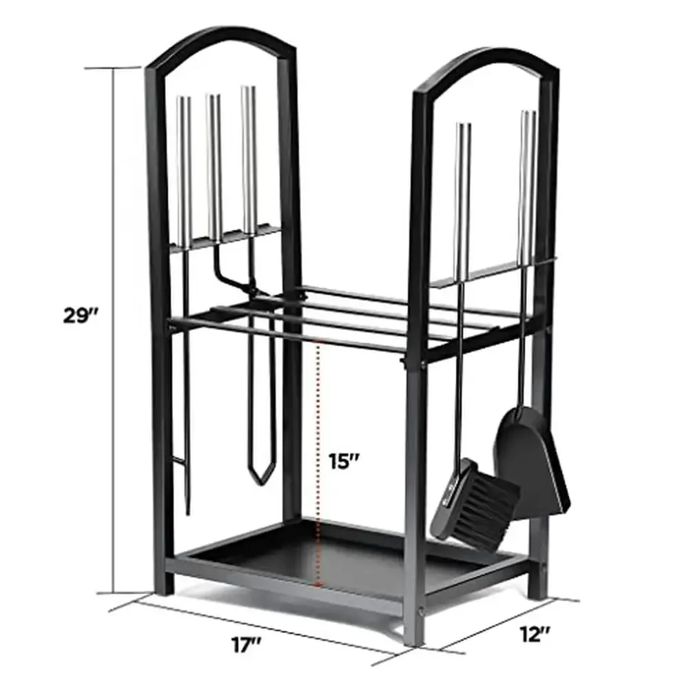 حامل تخزين رف الحطب مع مجموعة أدوات الموقد 2-Tier تصميم أنابيب الصلب الأسود مقاوم للماء سجل منظم فرشاة مجرفة ملقط