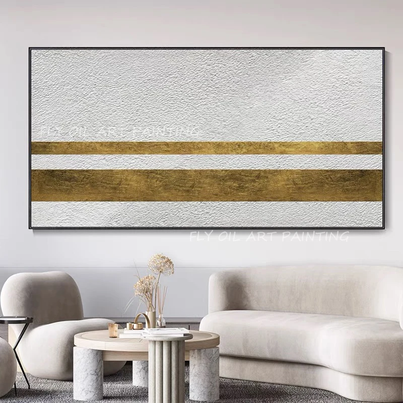 

Hand Painted Gold Stripes Oil Painting Beige Minimalism Gold Foil Abstract Canvas Painting For Home Decor Unframed As Best Gift