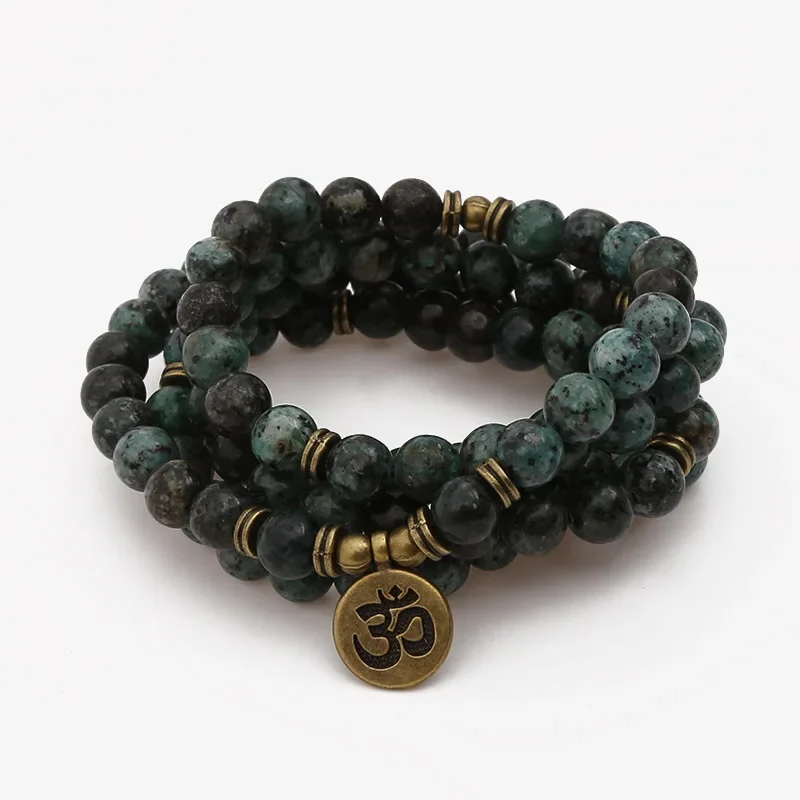 8mm Natural Stone African Jasper Yoga Lucky Bracelet 108 Beads Buddhism Prayer Mala Bracelet & Necklace for Women Men