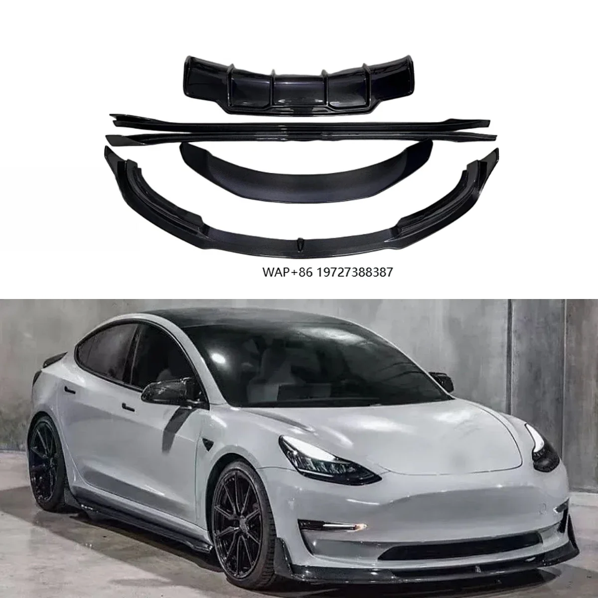 KXY V Style Carbon Fiber Bodykit for Model 3 Front Lip, Side Skirt,Rear Diffuser, Spoiler
